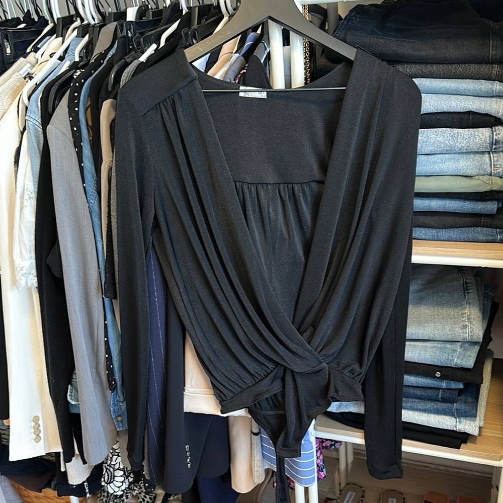 Free People Black Long Sleeve Wrap Bodysuit